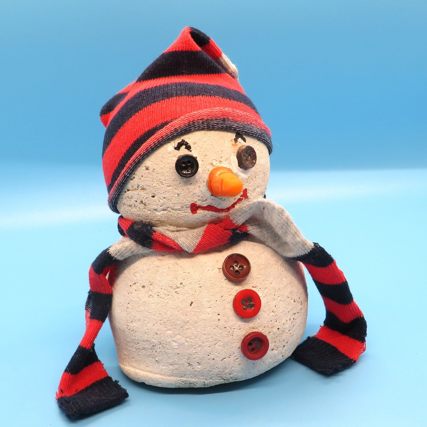 Unique Hypertufa Snowman Figurine with Cozy Sock Hat & Scarf, Winter Tabletop Decor