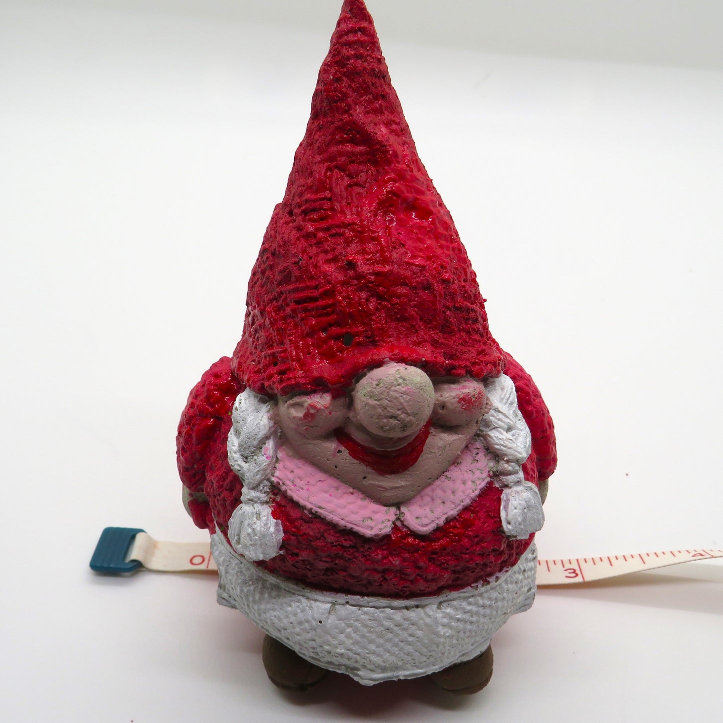 Girl gnome figurine in dress with braids and apron, handmade, hand-painted, cement figurine garden gnome 4.25 inches tall