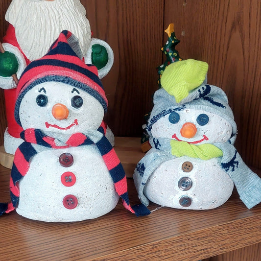 Unique Hypertufa Snowman Figurine with Cozy Sock Hat & Scarf, Winter Tabletop Decor