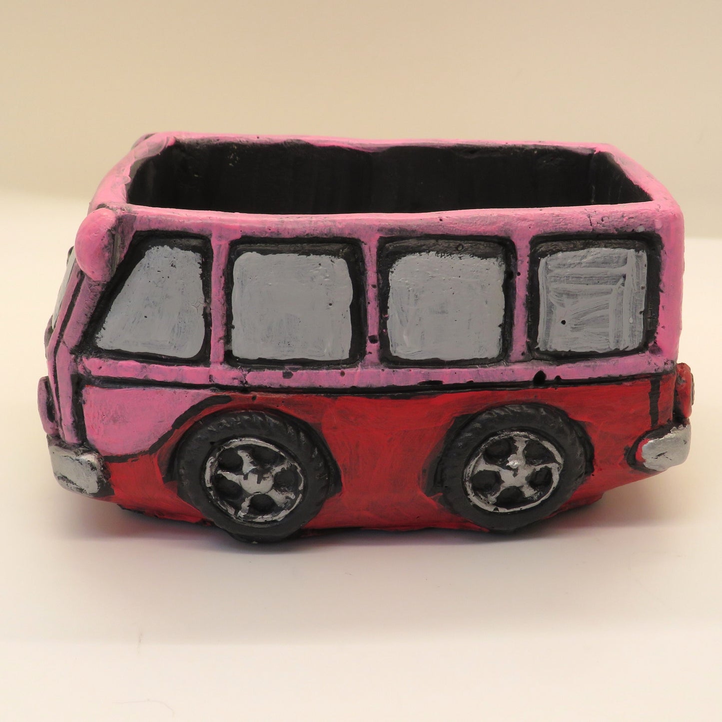 Handcrafted Pink Bus Cement Planter – Unique Colorado License Plate Theme, Ideal for Succulents & Small Plants