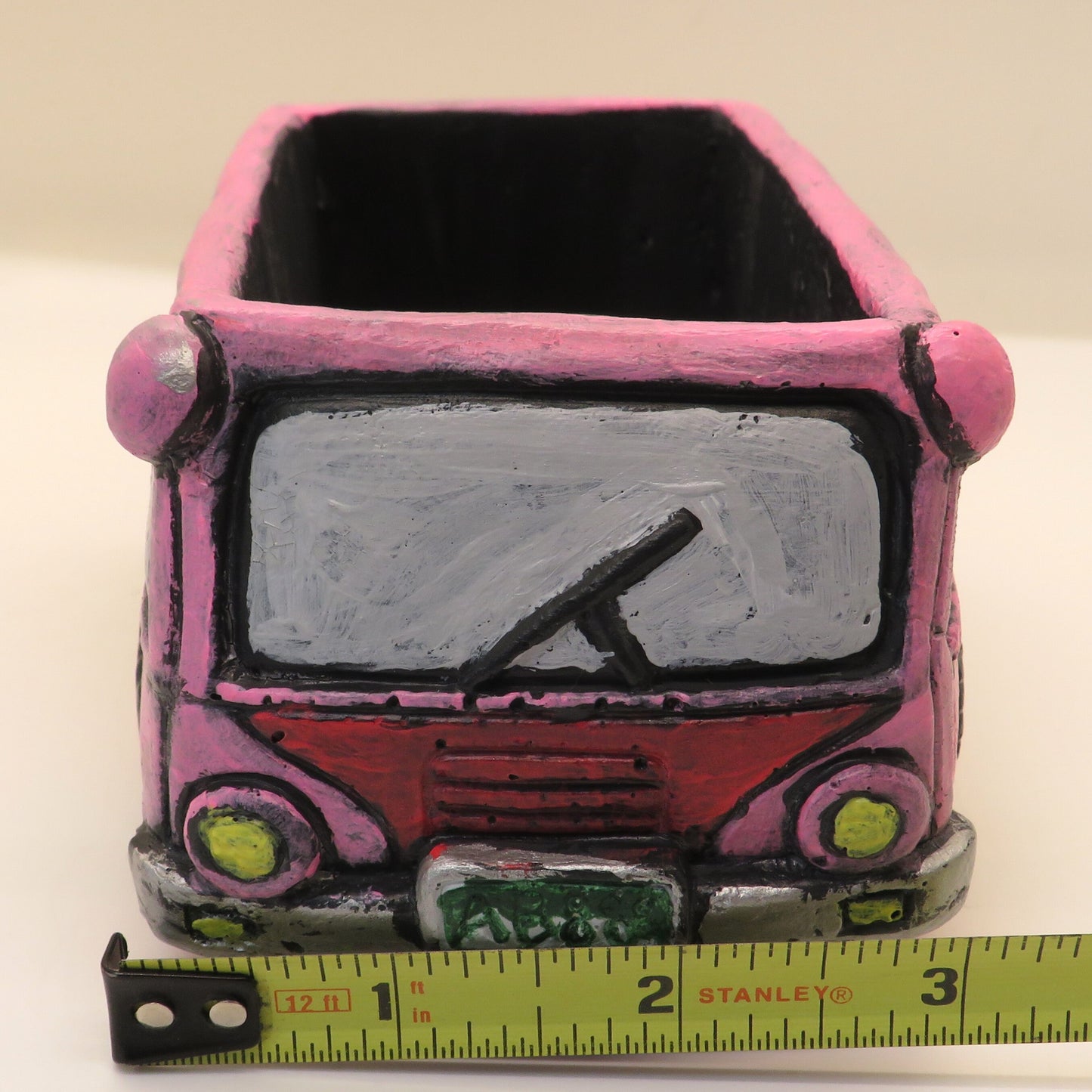 Handcrafted Pink Bus Cement Planter – Unique Colorado License Plate Theme, Ideal for Succulents & Small Plants
