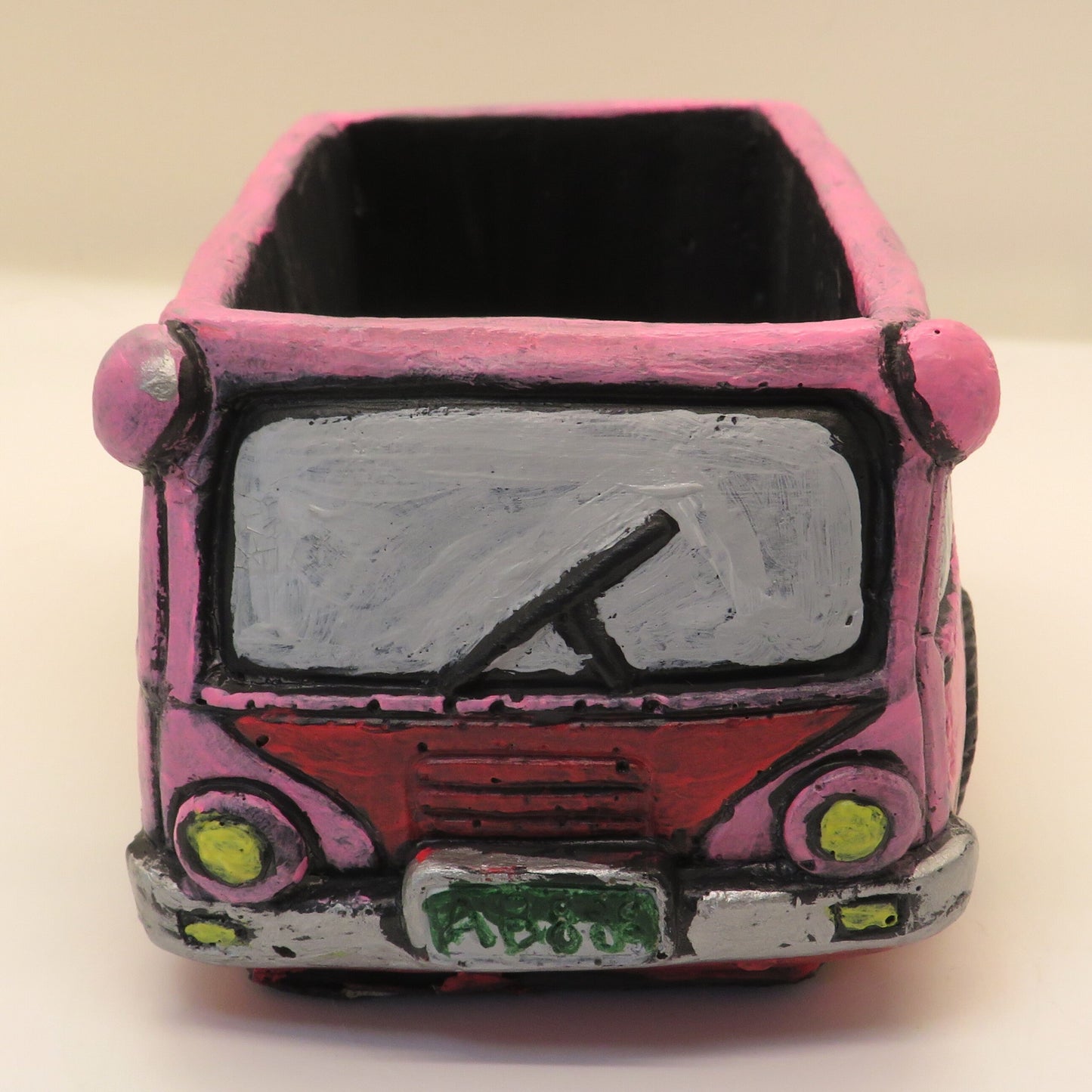 Handcrafted Pink Bus Cement Planter – Unique Colorado License Plate Theme, Ideal for Succulents & Small Plants