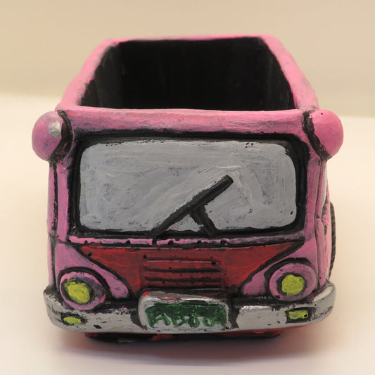 Handcrafted Pink Bus Cement Planter – Unique Colorado License Plate Theme, Ideal for Succulents & Small Plants