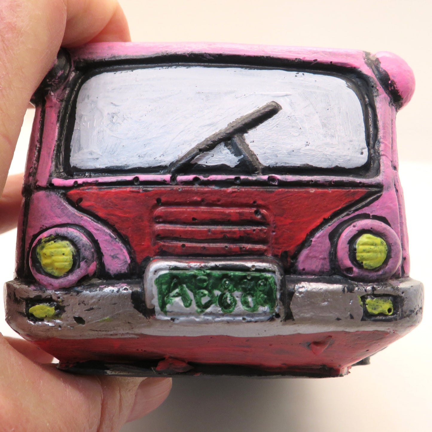 Handcrafted Pink Bus Cement Planter – Unique Colorado License Plate Theme, Ideal for Succulents & Small Plants