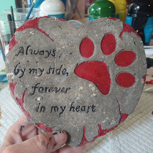 Handcrafted Rustic Hypertufa Heart-Shaped Pet Memorial with Colorful Paw Print