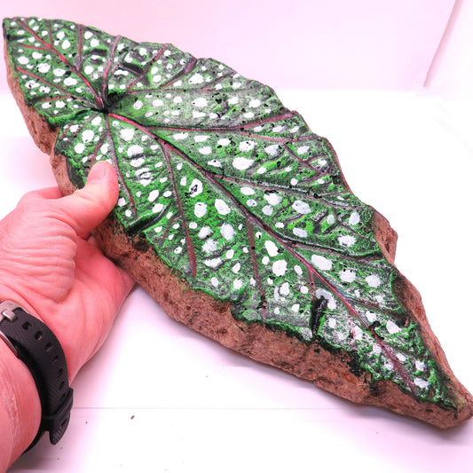 Handcrafted Angel-Wing Begonia Leaf Sculpture, Hypertufa Garden Art, 14 Inches, Unique Spotted Leaf Wall Decor