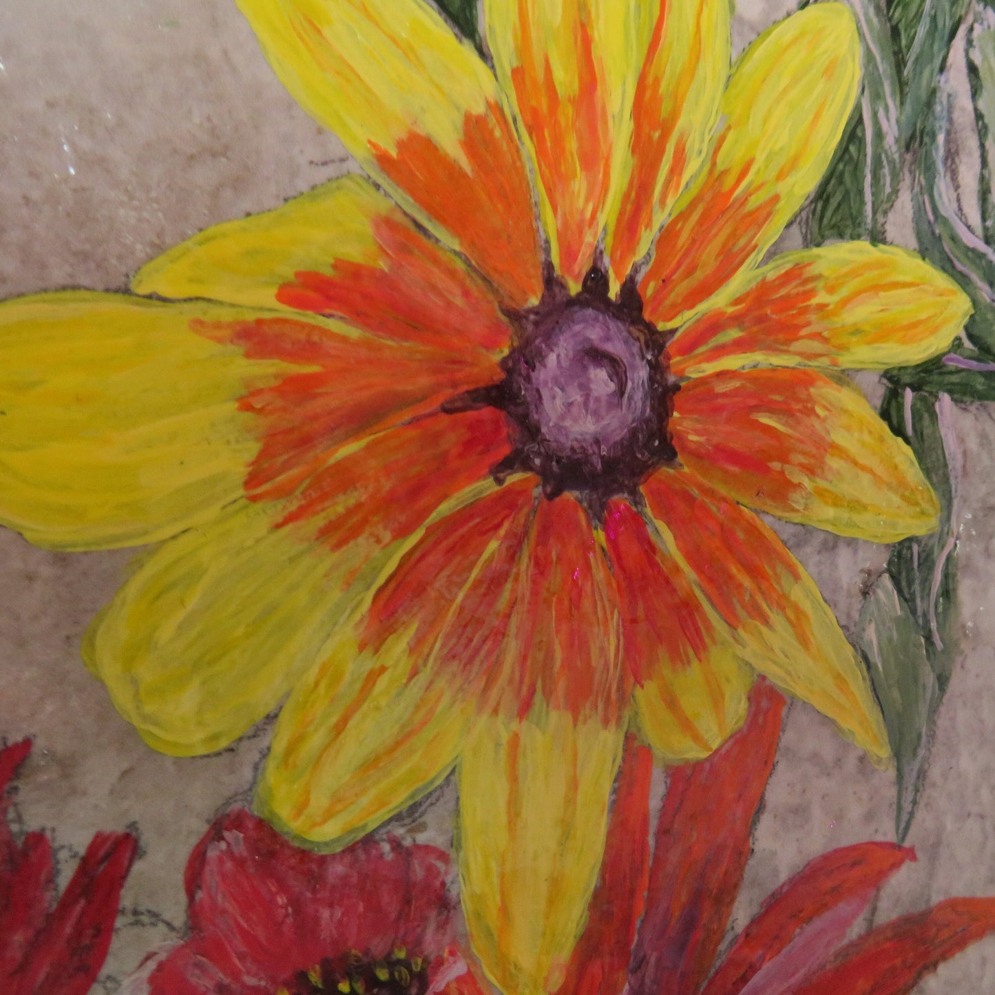 Hand-Painted Coneflower Tile Trivet - 6x6 Ceramic Kitchen Decor with Vibrant Floral Artwork