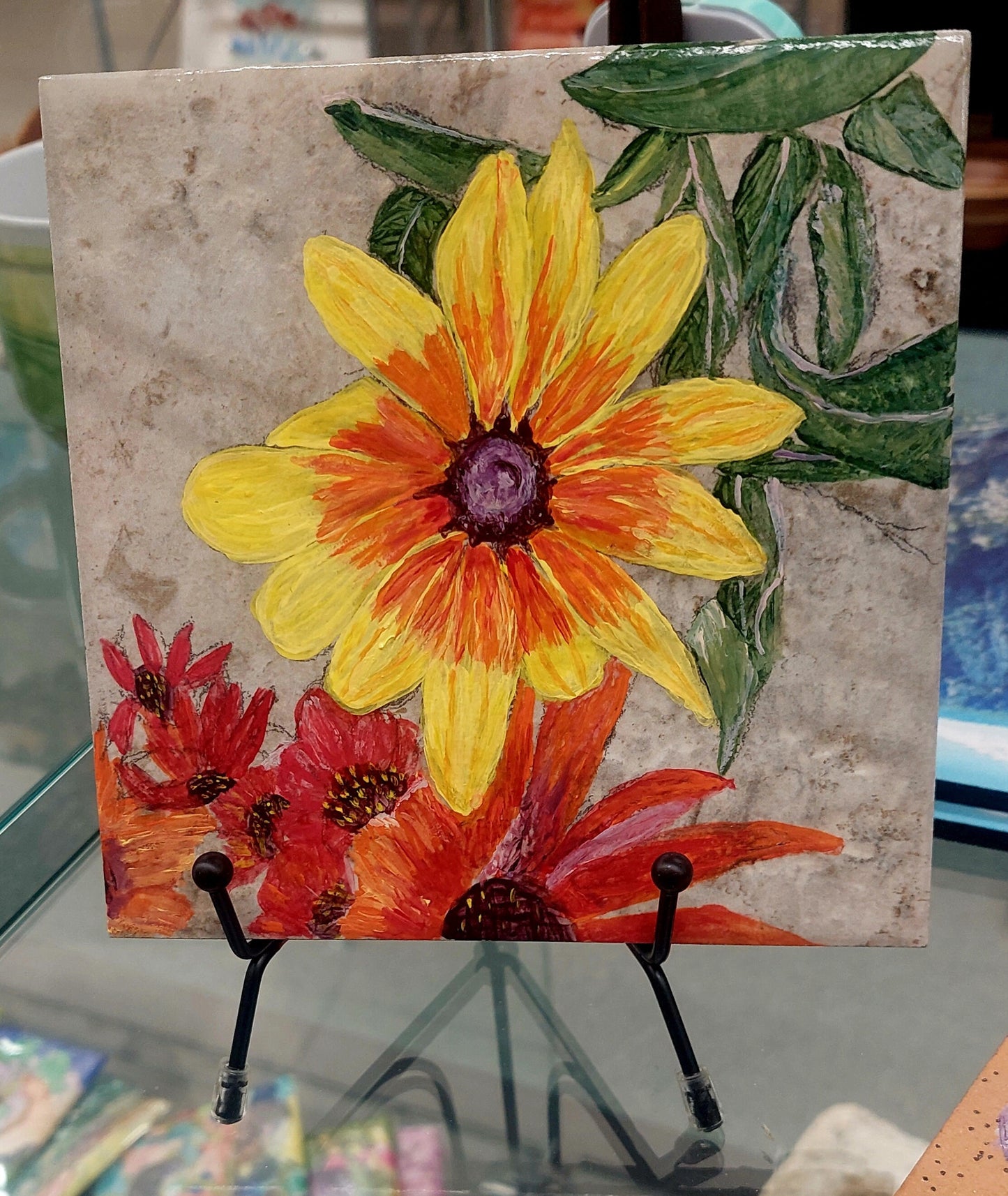 Hand-Painted Coneflower Tile Trivet - 6x6 Ceramic Kitchen Decor with Vibrant Floral Artwork