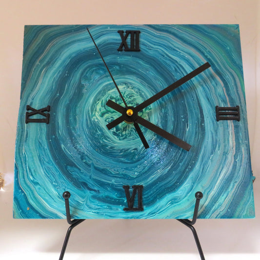 Handmade Teal Pour Paint Clock with Habitat Tile - Earth Day Art Decor 8x8 inches