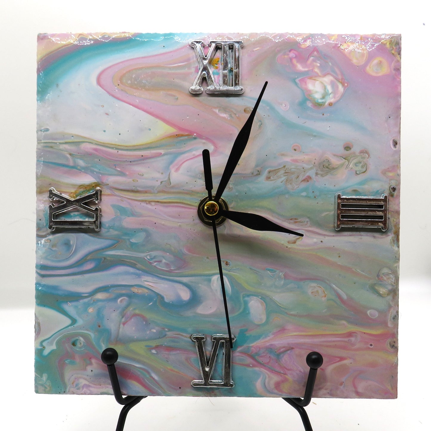 Unique Handcrafted 6x6 Acrylic Pour Tile Clock with Gold Accents, Pastel Wall Decor