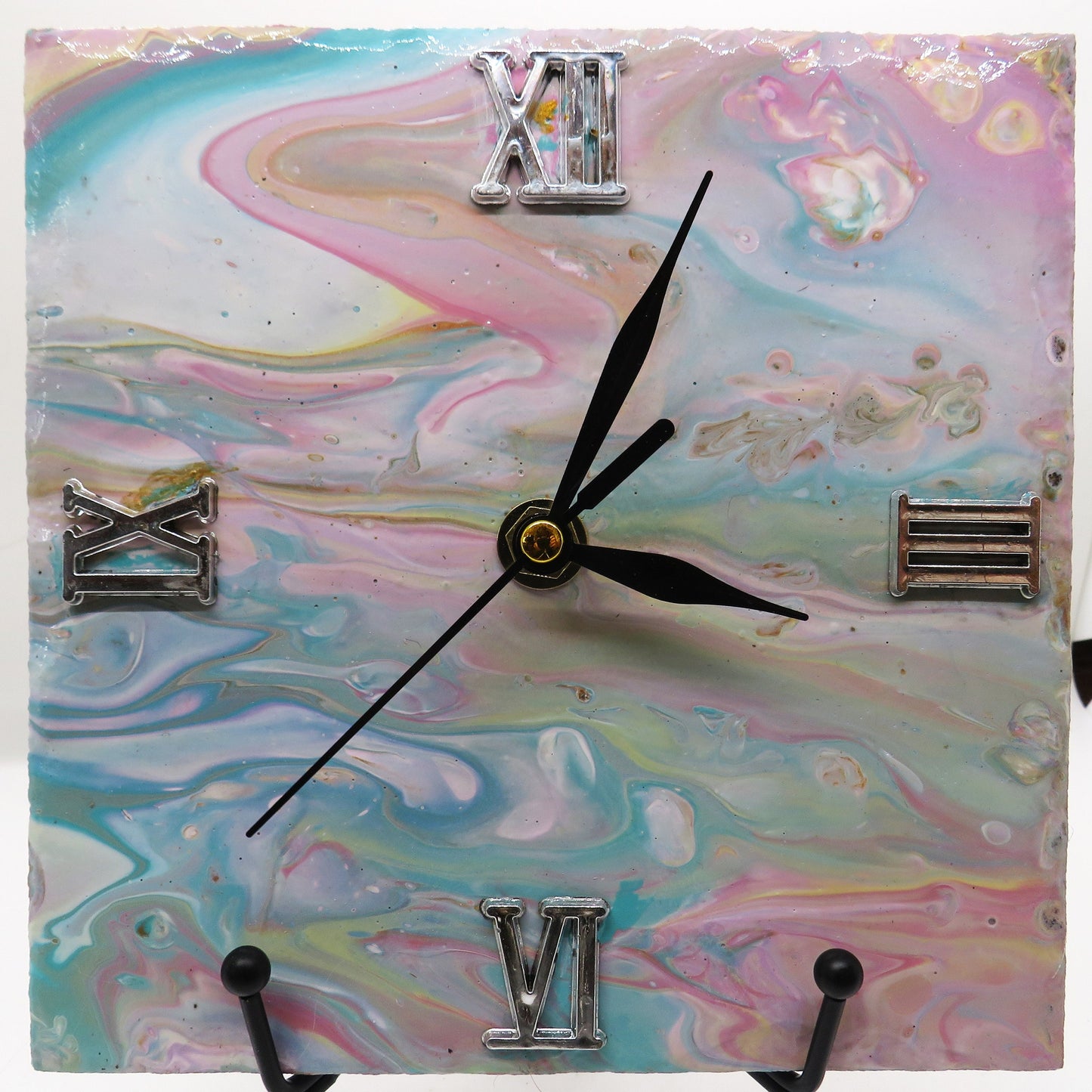 Unique Handcrafted 6x6 Acrylic Pour Tile Clock with Gold Accents, Pastel Wall Decor