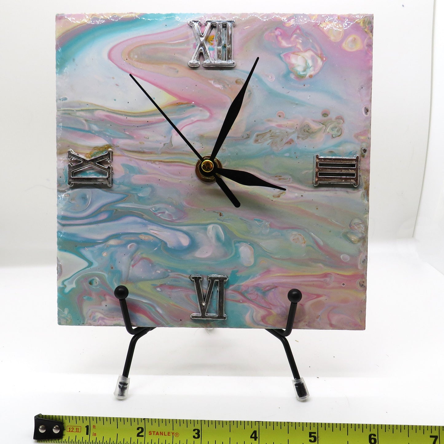 Unique Handcrafted 6x6 Acrylic Pour Tile Clock with Gold Accents, Pastel Wall Decor