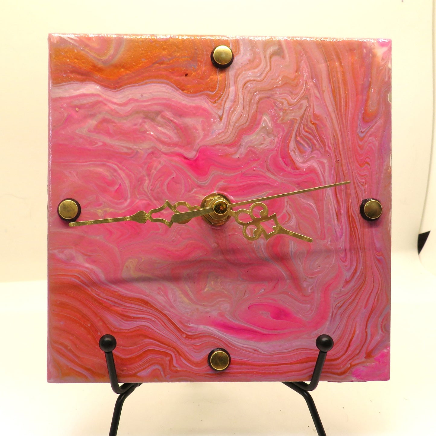 Handcrafted Pour-Painted Gold & Pink Ribbon Wall Clock - Eco-Friendly 6x6 Tile Clock - Unique Home Decor