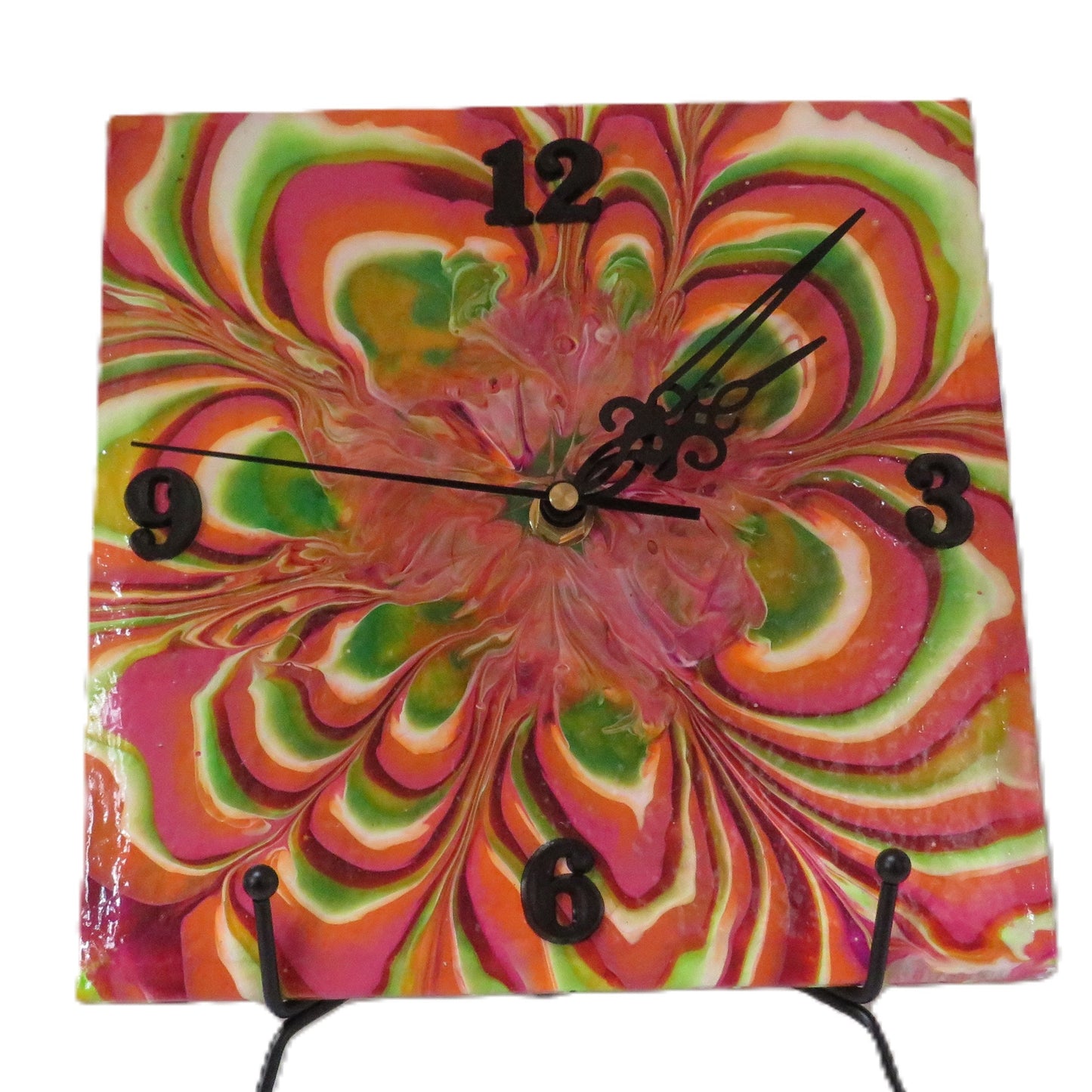Handcrafted Neon Flower Pour Paint Clock, Upcycled 8x8 Ceramic Tile Wall Art