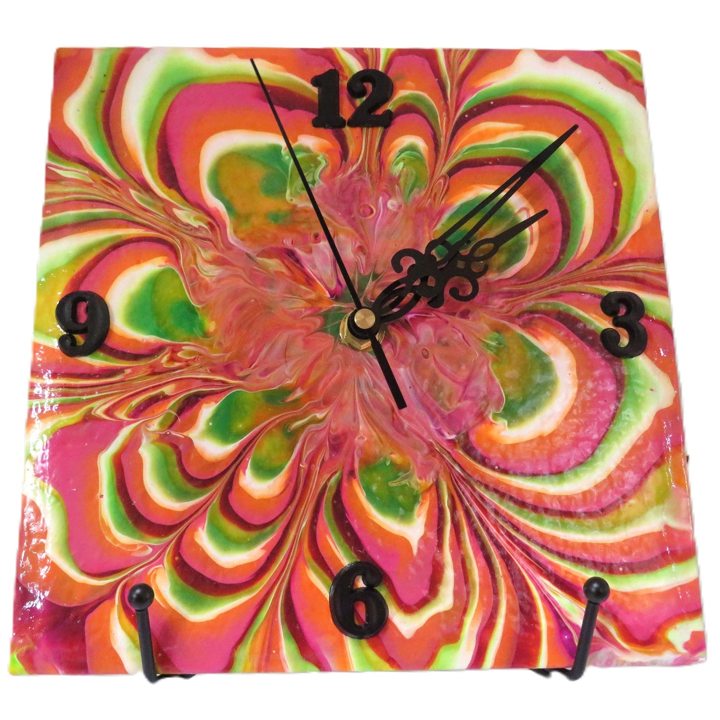Handcrafted Neon Flower Pour Paint Clock, Upcycled 8x8 Ceramic Tile Wall Art