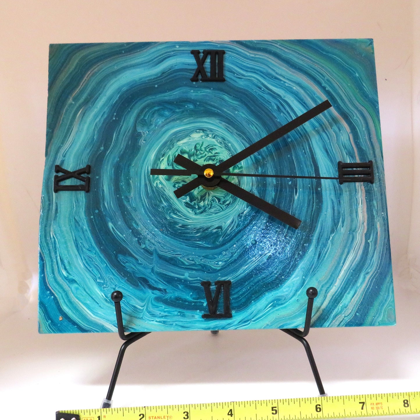 Handmade Teal Pour Paint Clock with Habitat Tile - Earth Day Art Decor 8x8 inches