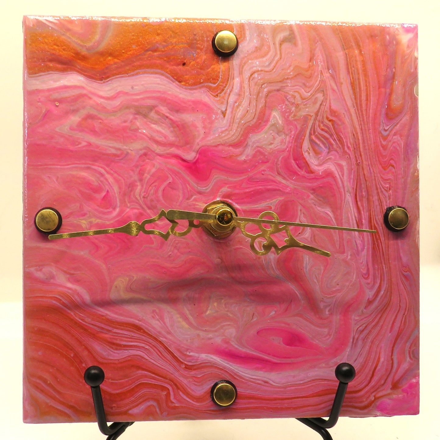 Handcrafted Pour-Painted Gold & Pink Ribbon Wall Clock - Eco-Friendly 6x6 Tile Clock - Unique Home Decor