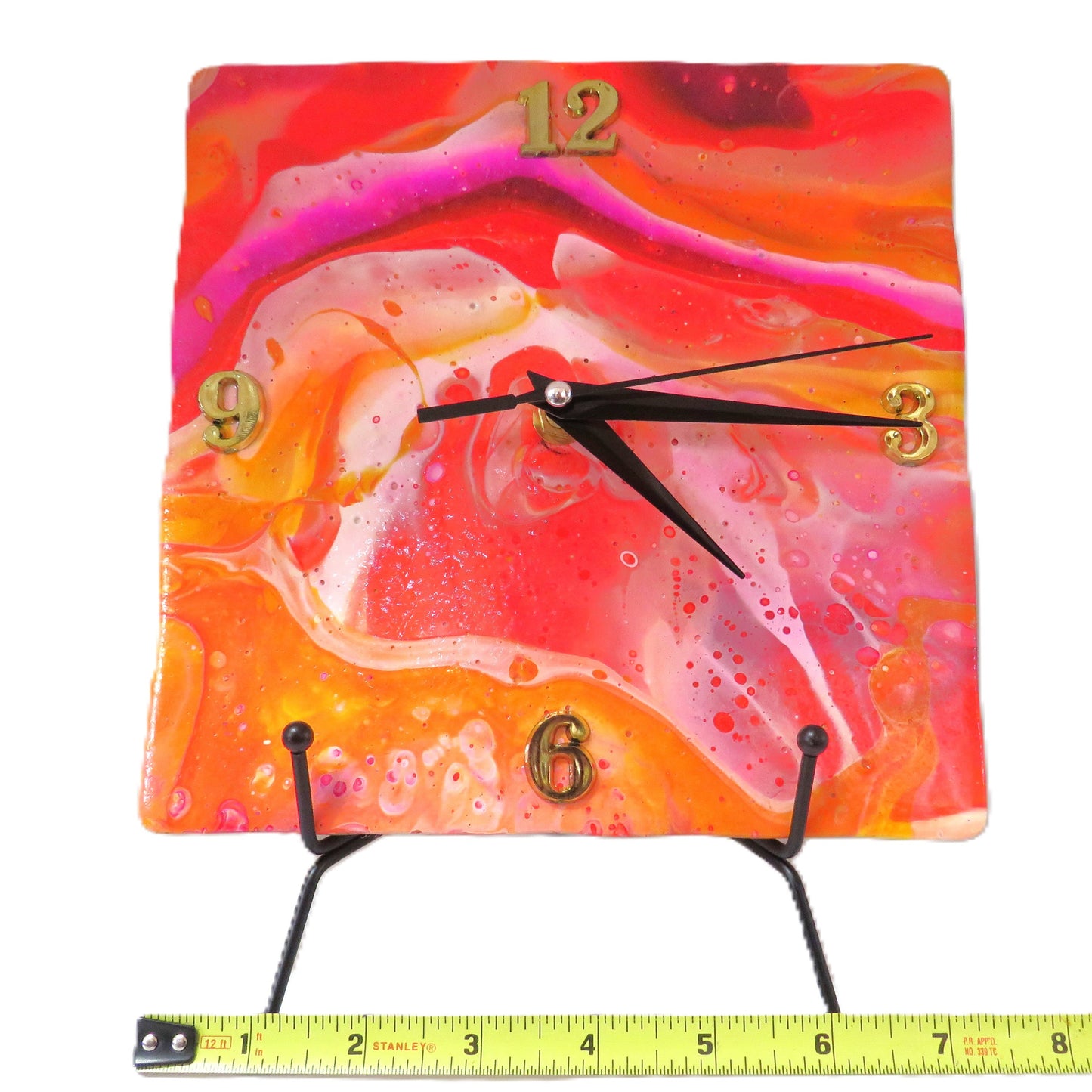 Arizona Sunset Hand-Painted Pour Paint Tile Clock - Recycled Habitat Tile 8x8 Artistic Wall Clock