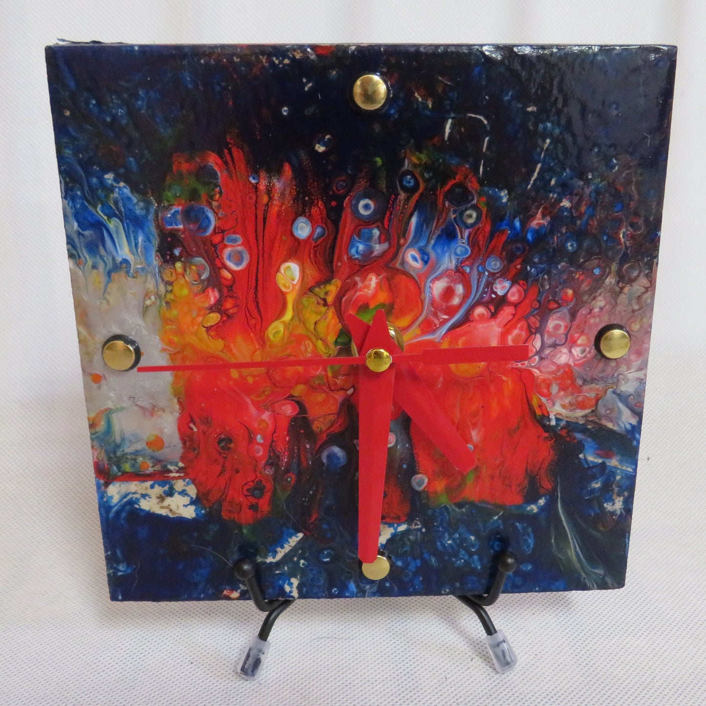 Handmade Colorado State Flag Clock, 6x6 Acrylic Pour Art, Recycled Habitat Tile, Unique Wall Decor