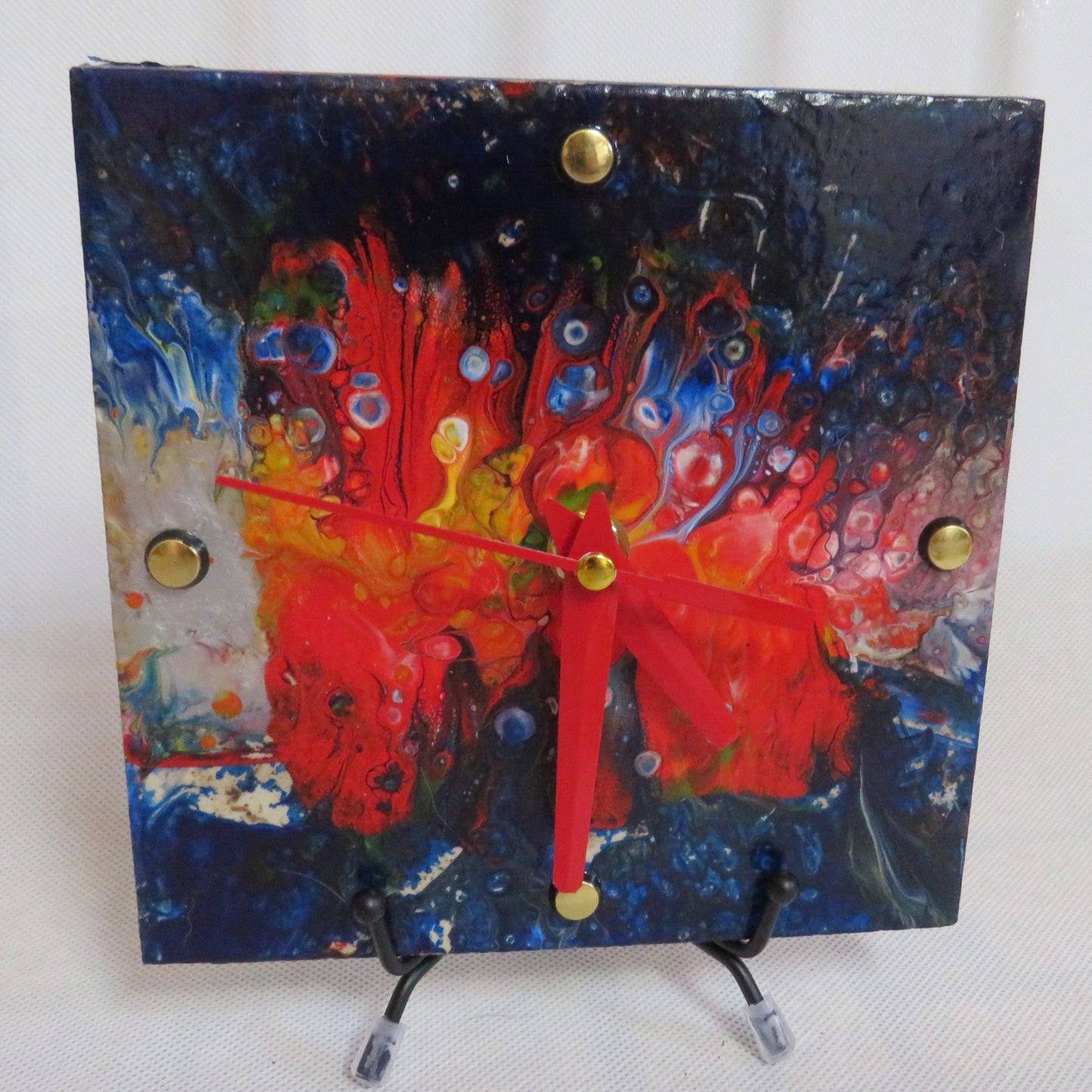 Handmade Colorado State Flag Clock, 6x6 Acrylic Pour Art, Recycled Habitat Tile, Unique Wall Decor