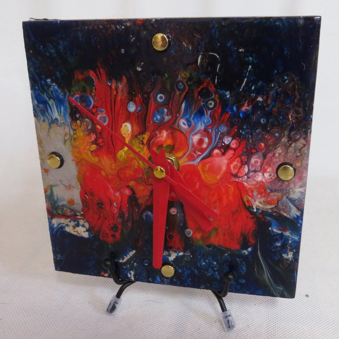 Handmade Colorado State Flag Clock, 6x6 Acrylic Pour Art, Recycled Habitat Tile, Unique Wall Decor