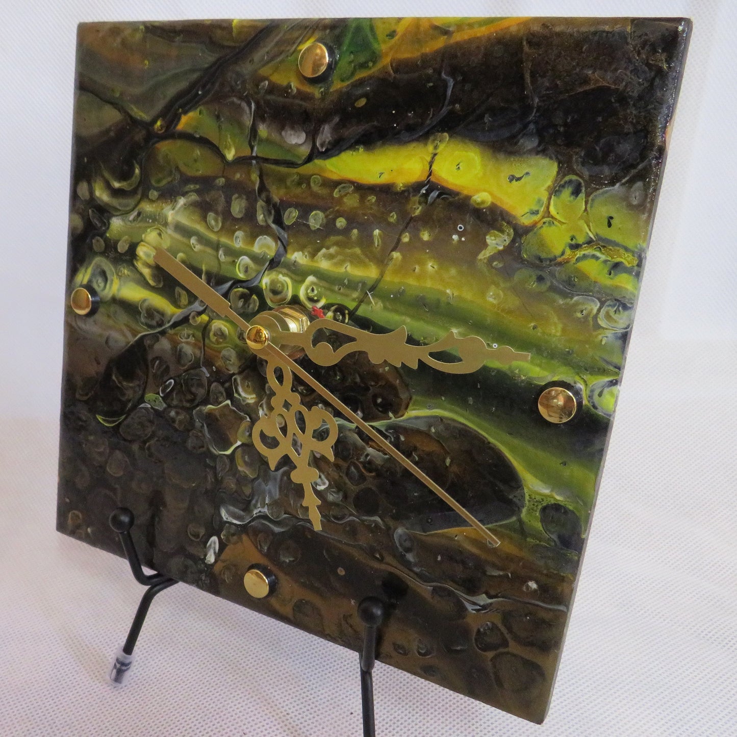 Unique Handmade Eclipse Metallic Gold and Black Pour Paint Clock on Habitat Tile, 6x6 Inch Art Decor