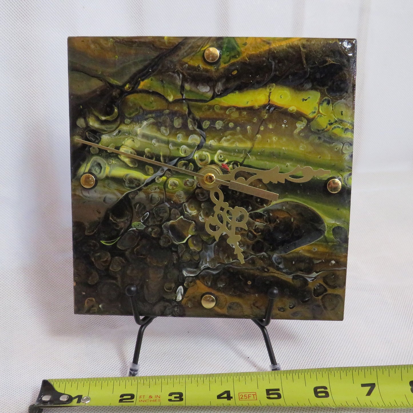 Unique Handmade Eclipse Metallic Gold and Black Pour Paint Clock on Habitat Tile, 6x6 Inch Art Decor