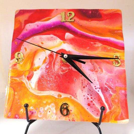 Arizona Sunset Hand-Painted Pour Paint Tile Clock - Recycled Habitat Tile 8x8 Artistic Wall Clock