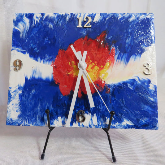 Handmade Colorado Time State Flag Pour Paint Art Clock 8x10 Recycled Tile - Eco-Friendly Home Decor