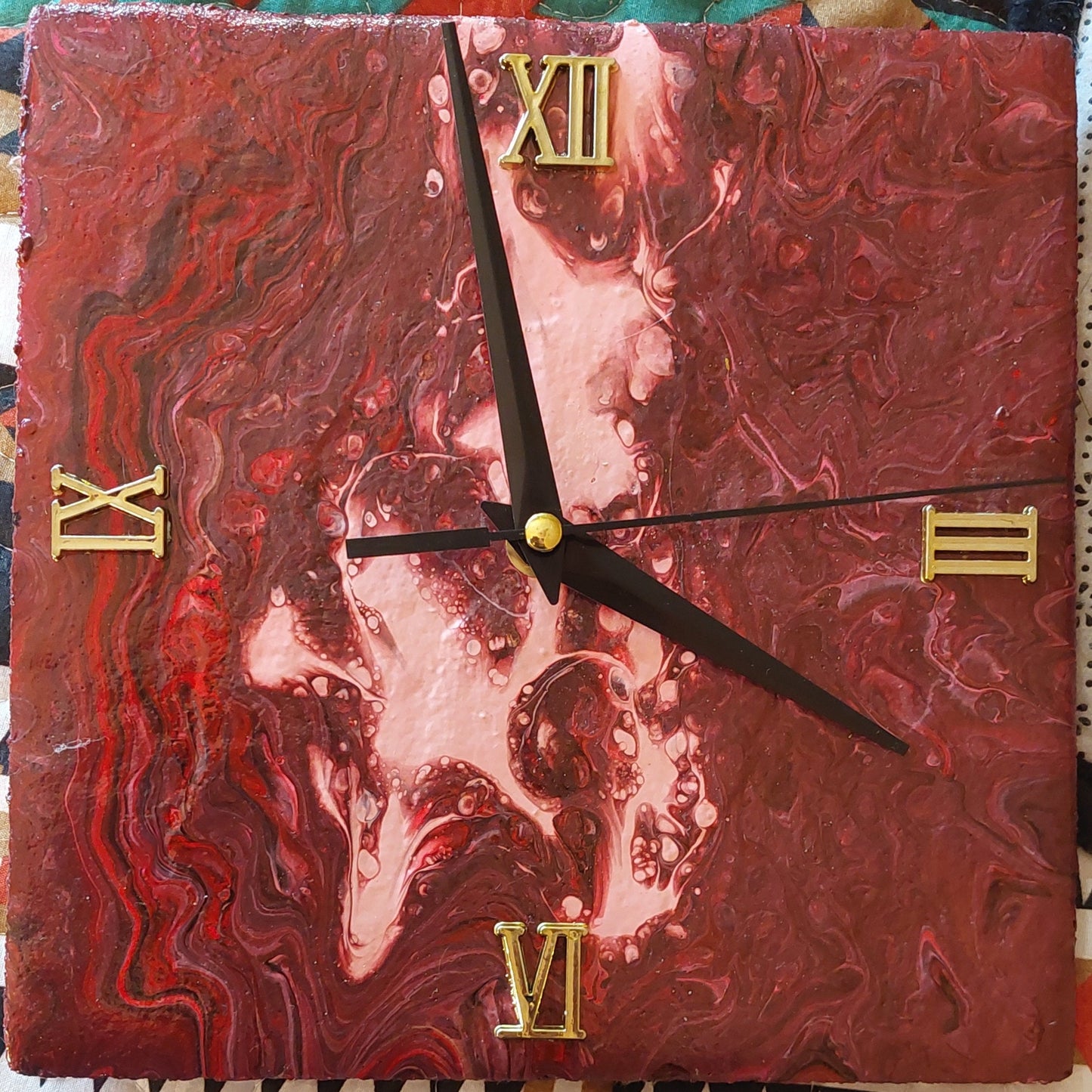 Handmade Pour Paint Clock on Recycled Tile - Unique Cotton Tail Easter Design - 9x9 inch Decorative Timepiece