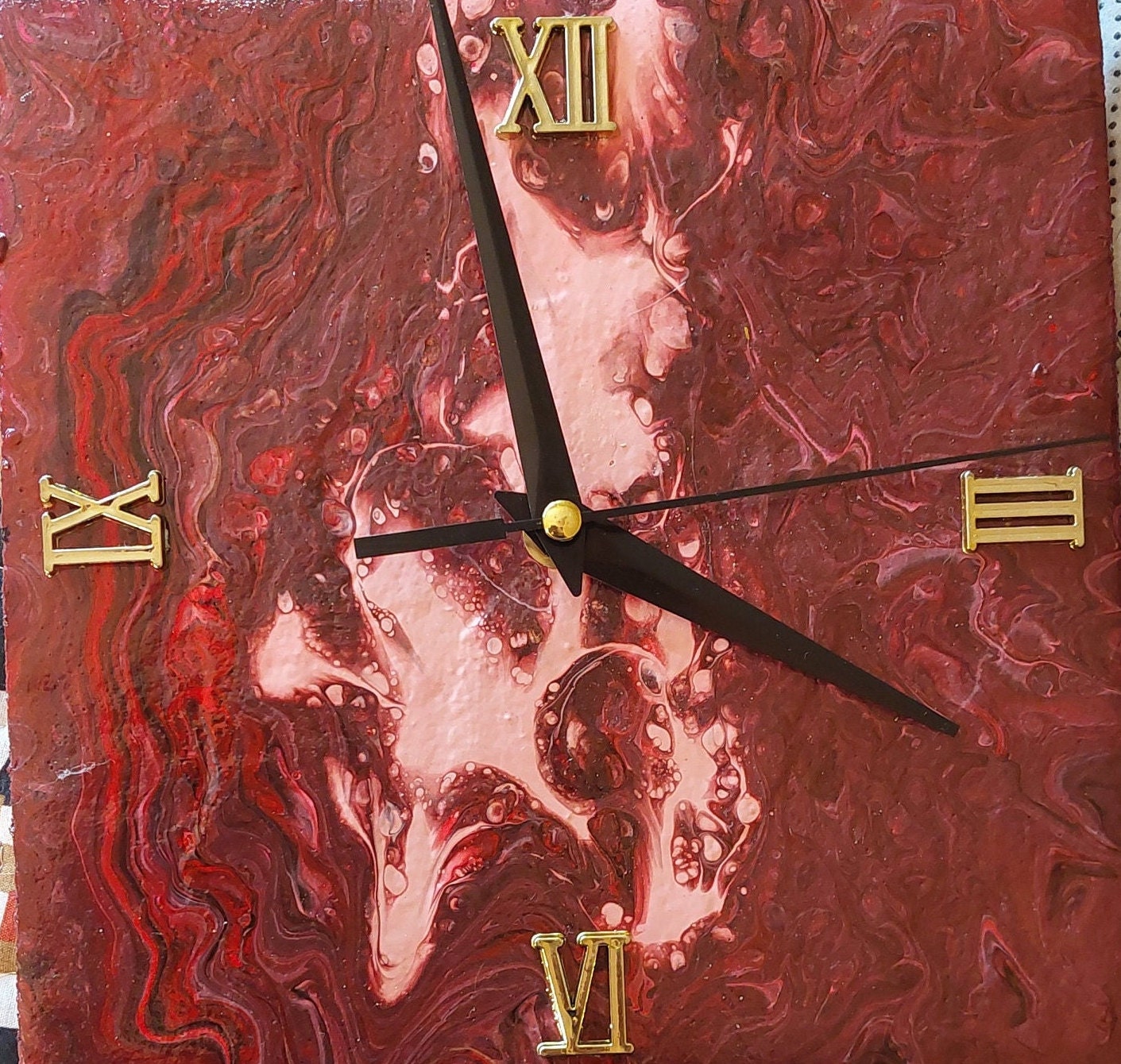 Handmade Pour Paint Clock on Recycled Tile - Unique Cotton Tail Easter Design - 9x9 inch Decorative Timepiece