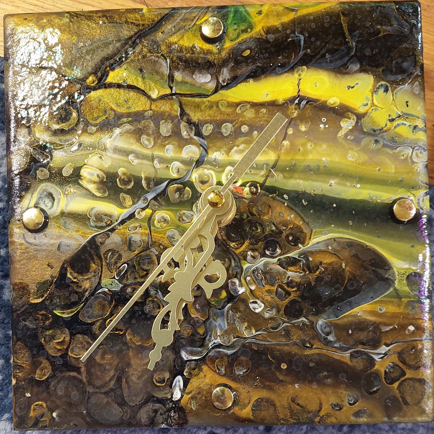 Unique Handmade Eclipse Metallic Gold and Black Pour Paint Clock on Habitat Tile, 6x6 Inch Art Decor