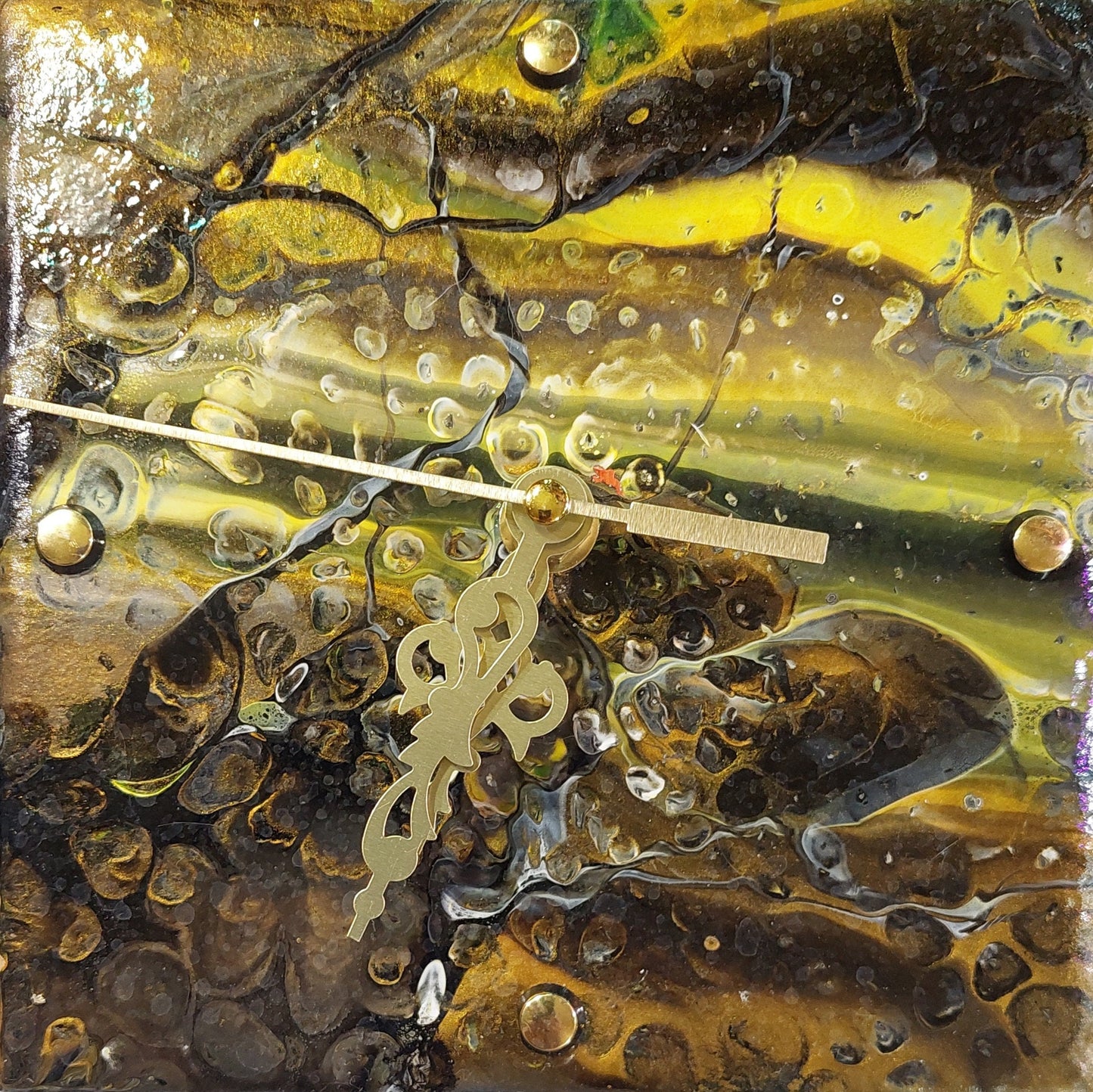 Unique Handmade Eclipse Metallic Gold and Black Pour Paint Clock on Habitat Tile, 6x6 Inch Art Decor