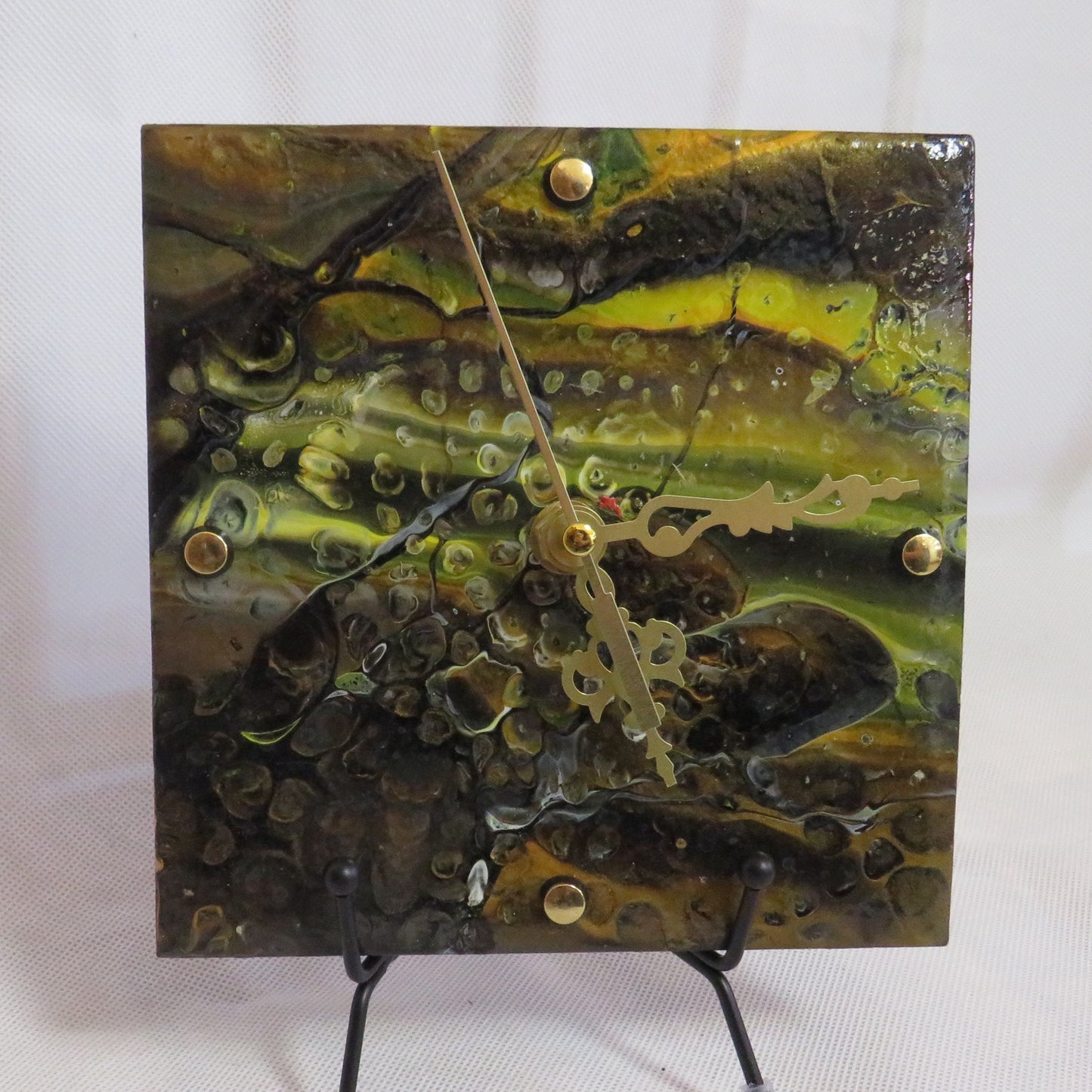 Unique Handmade Eclipse Metallic Gold and Black Pour Paint Clock on Habitat Tile, 6x6 Inch Art Decor