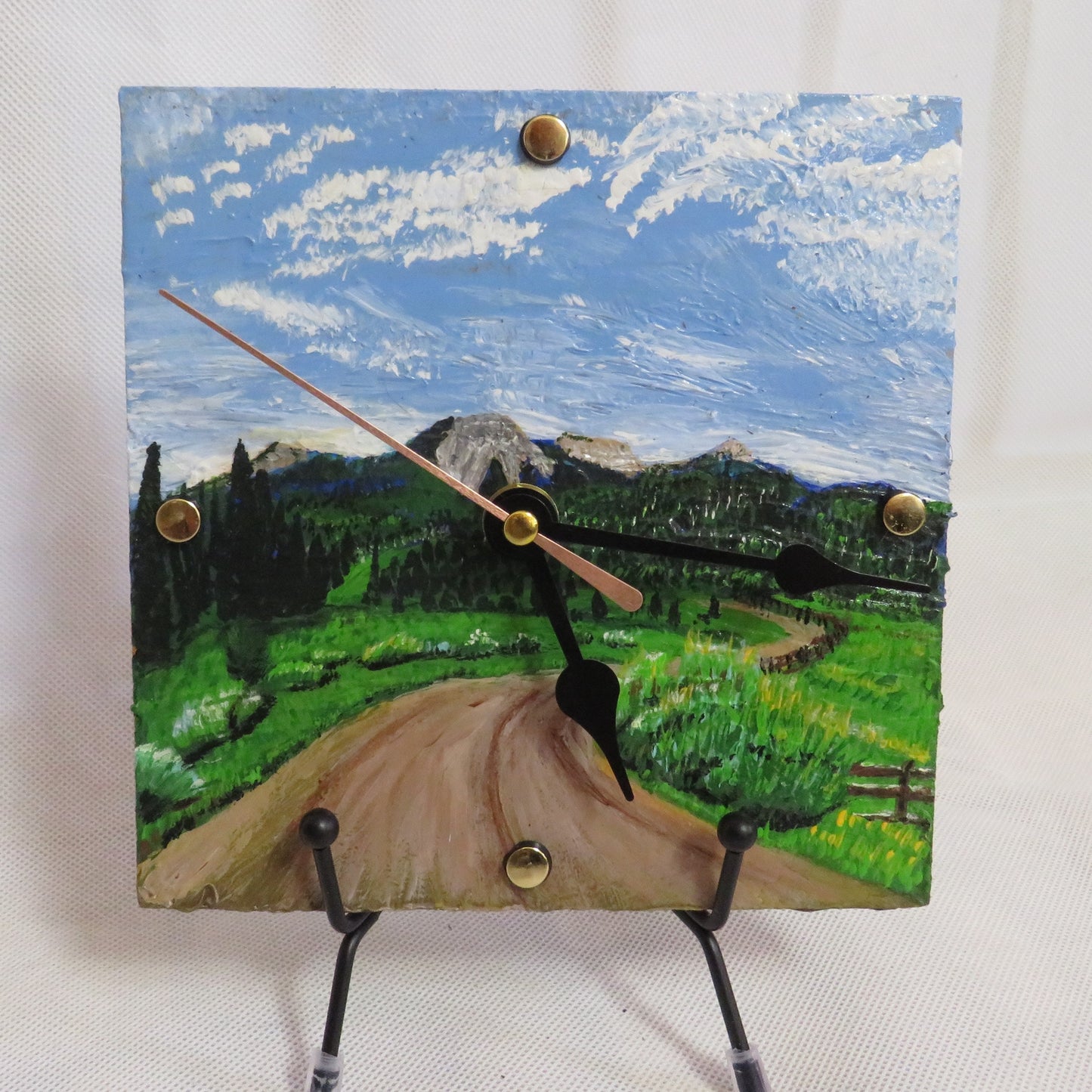 Hand Painted Tile Clock - Road from Steamboat Lake to Clark, CO - Recycled Habitat Tile - 6x6 Decor Painted by Local Artist