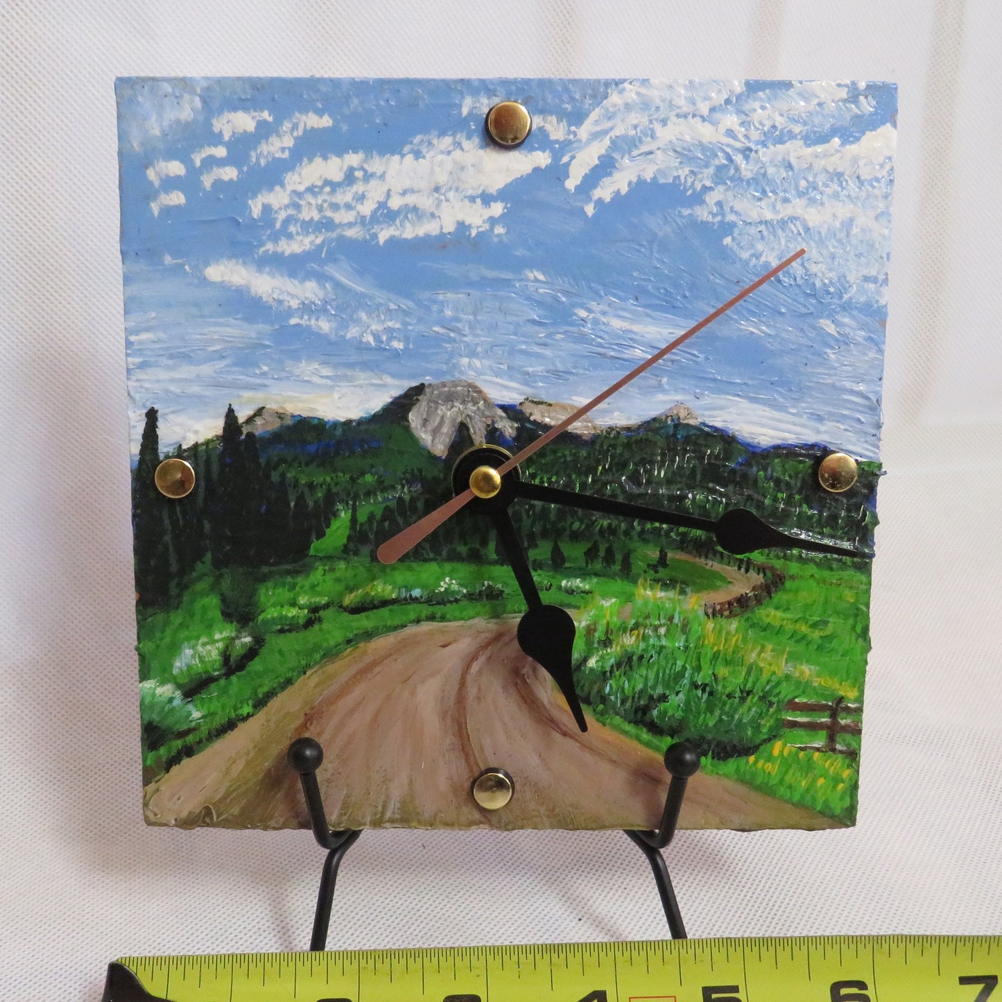 Hand Painted Tile Clock - Road from Steamboat Lake to Clark, CO - Recycled Habitat Tile - 6x6 Decor Painted by Local Artist