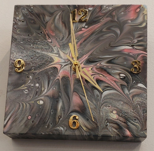 Hand Painted Fluid Art Clock - 8x8 Wood Panel Wall Clock - Pink Synapse Design - Grey/Black Abstract Art - Unique Home Decor