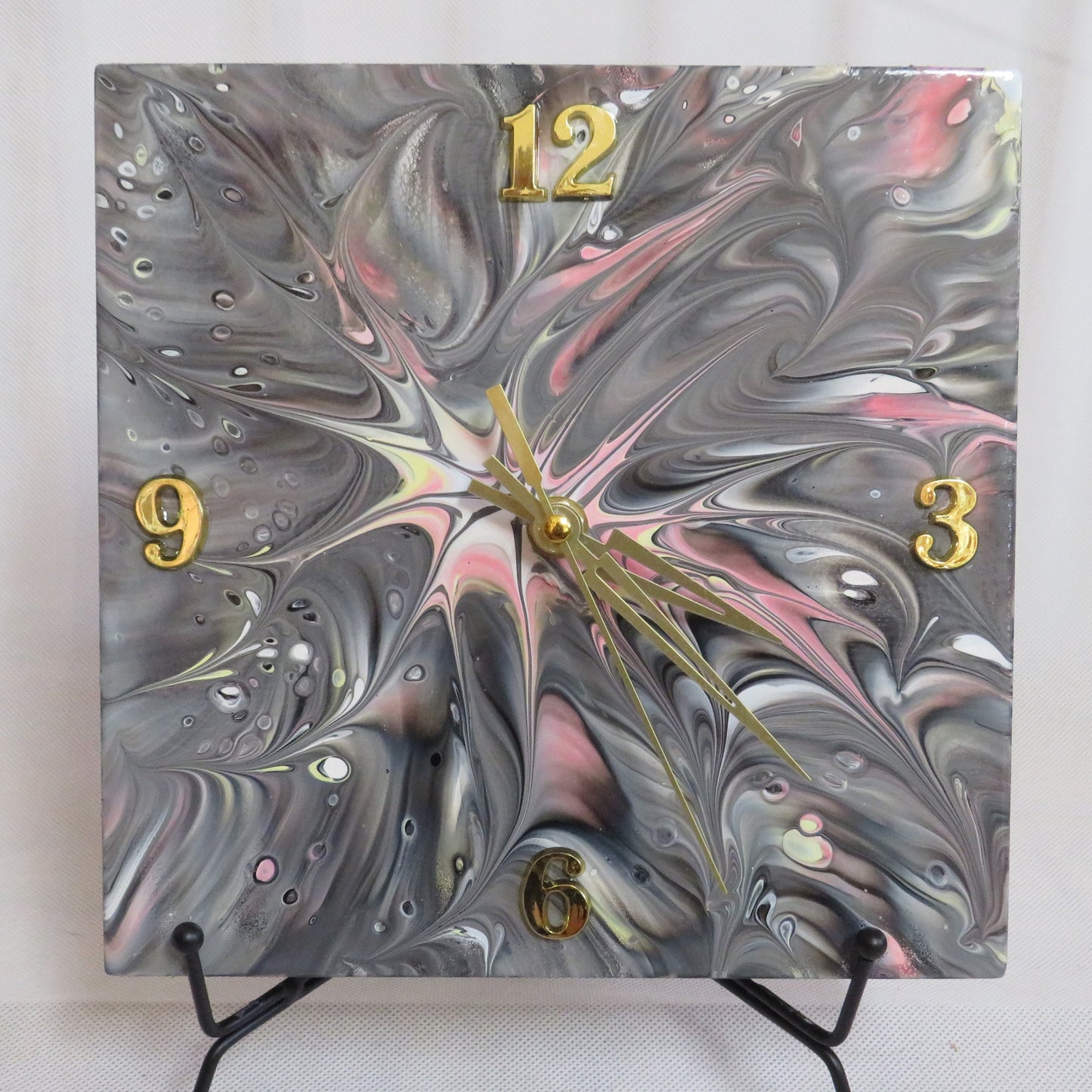 Hand Painted Fluid Art Clock - 8x8 Wood Panel Wall Clock - Pink Synapse Design - Grey/Black Abstract Art - Unique Home Decor