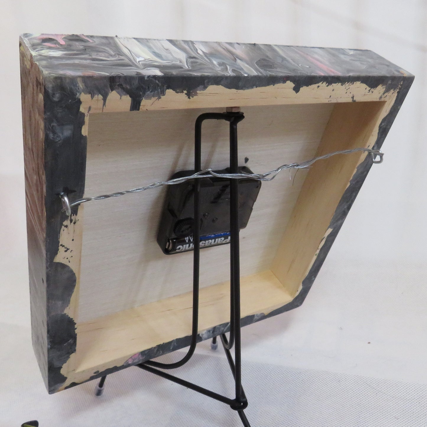 Hand Painted Fluid Art Clock - 8x8 Wood Panel Wall Clock - Pink Synapse Design - Grey/Black Abstract Art - Unique Home Decor