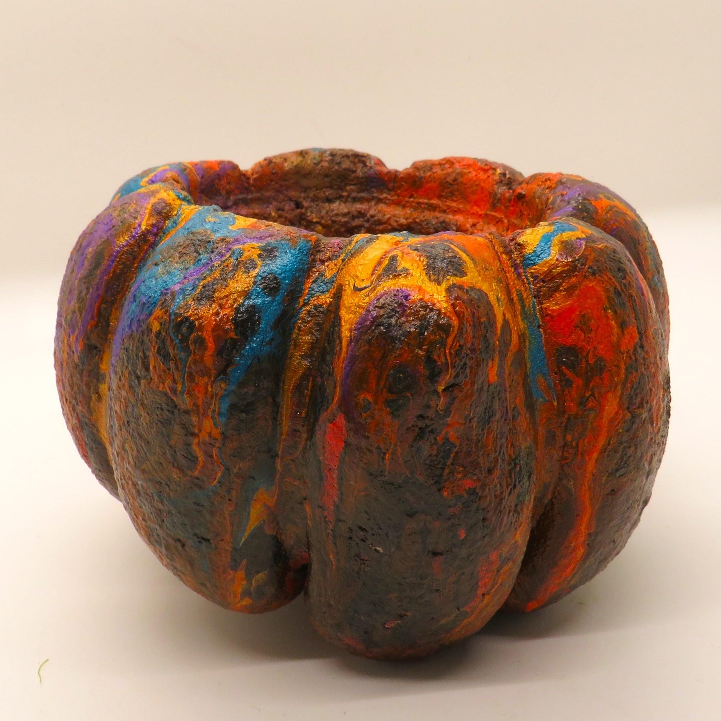 Stunning Handmade Fluid Art Pumpkin Planter - Unique Hypertufa Decor for Fall, Halloween, Thanksgiving