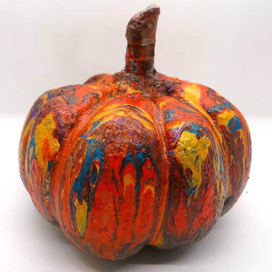 Handmade Colorful Hypertufa Pumpkin Decor - Medium 5-Inch Pour Paint Finish - Halloween & Thanksgiving Indoor Outdoor Decoration