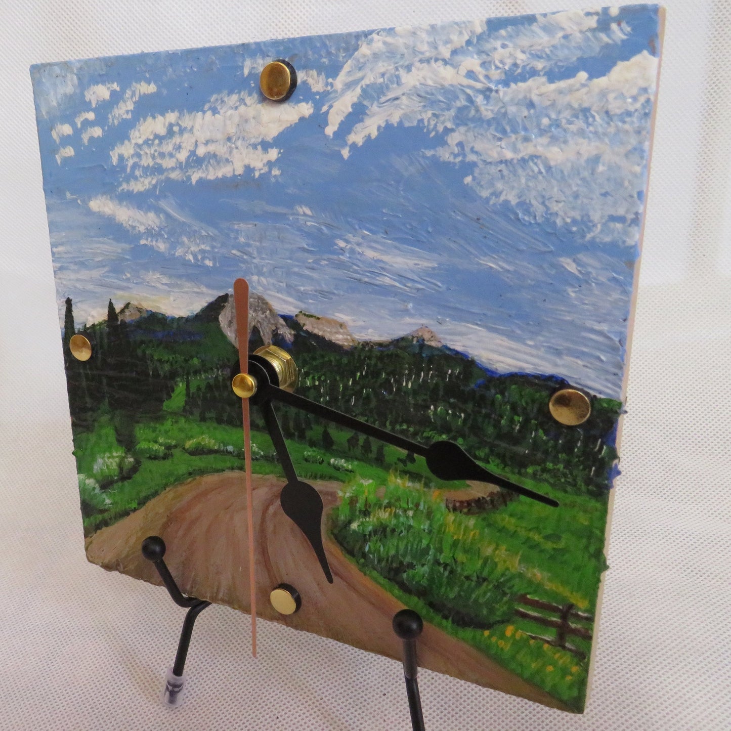 Hand Painted Tile Clock - Road from Steamboat Lake to Clark, CO - Recycled Habitat Tile - 6x6 Decor Painted by Local Artist