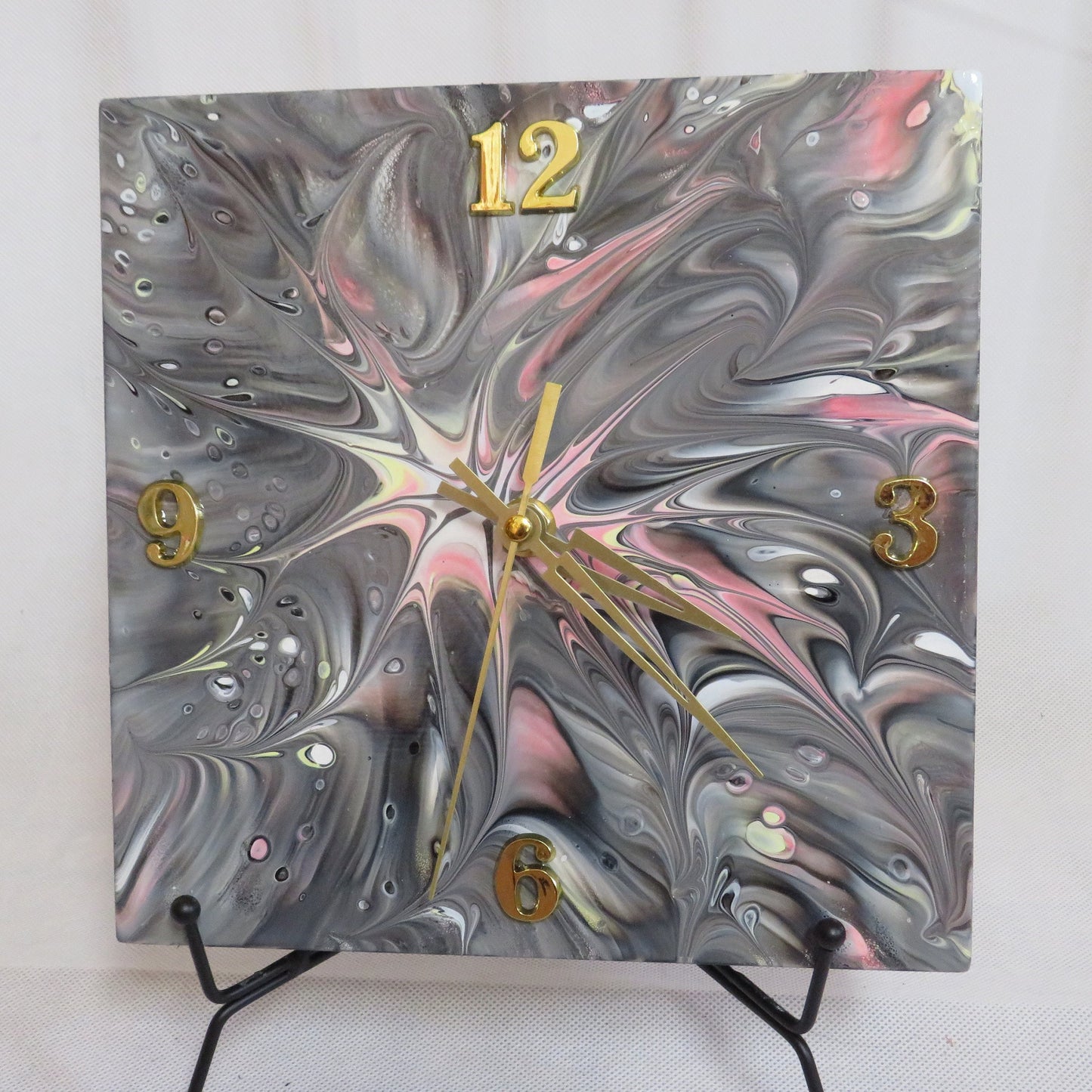 Hand Painted Fluid Art Clock - 8x8 Wood Panel Wall Clock - Pink Synapse Design - Grey/Black Abstract Art - Unique Home Decor