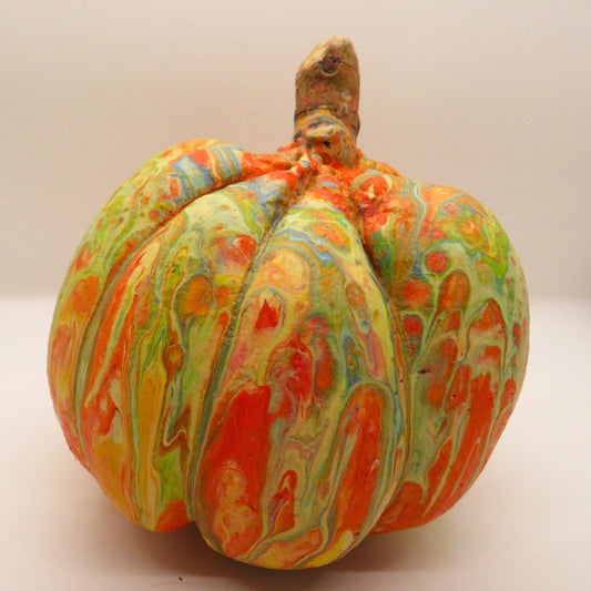 Handmade Fluid Art Hypertufa Pumpkin - Vibrant Fall Decor for Indoor or Outdoor Use - 5 Inch with Wooden Stem