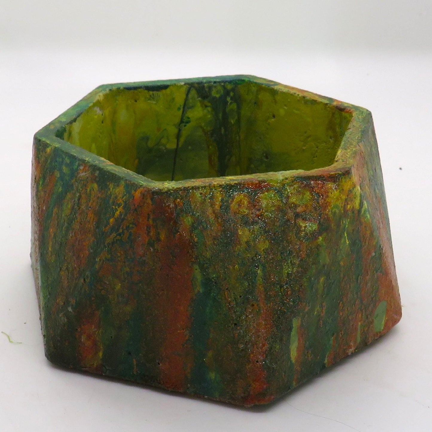 Handmade Hexagon Cement Dish - Candle Holder, Jewelry Box, Succulent Planter with Pour Paint Finish