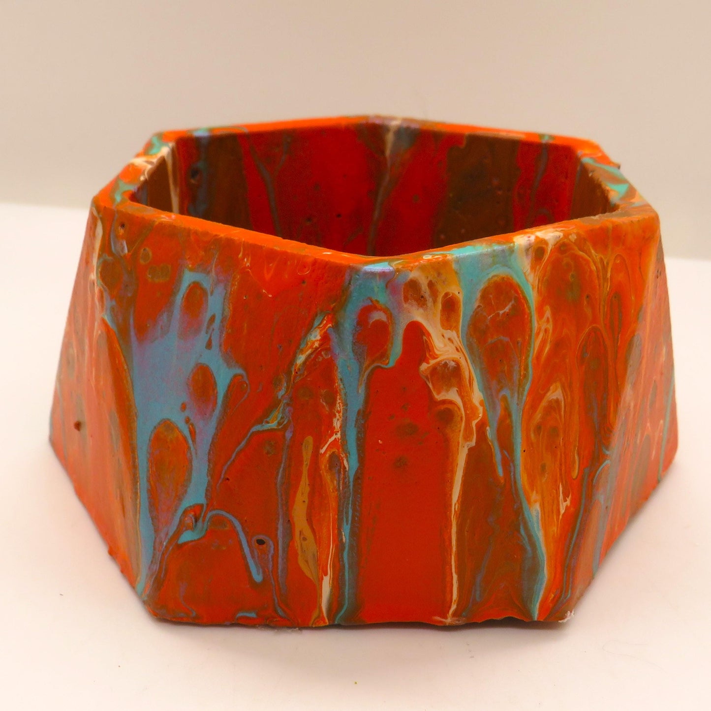 Handmade Hexagon Cement Dish - Candle Holder, Jewelry Box, Succulent Planter with Pour Paint Finish