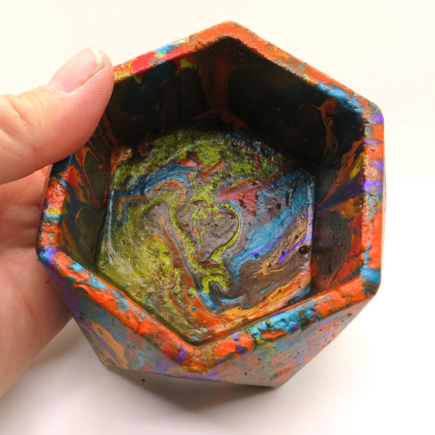 Handmade Hexagon Cement Dish - Candle Holder, Jewelry Box, Succulent Planter with Pour Paint Finish