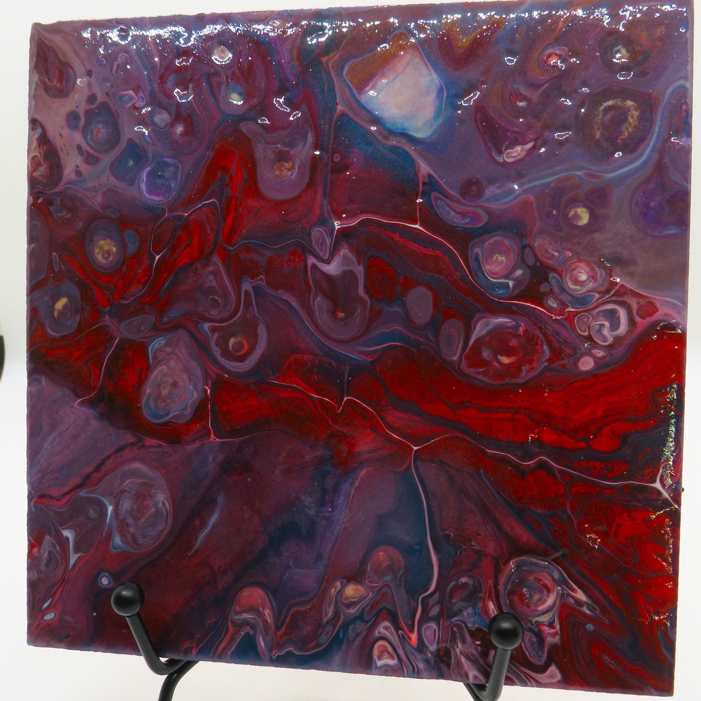 Stunning 6x6 Fluid Art Trivet or Wall Art - Recycled Porcelain Tile with Red, Purple, Blue, White Paint
