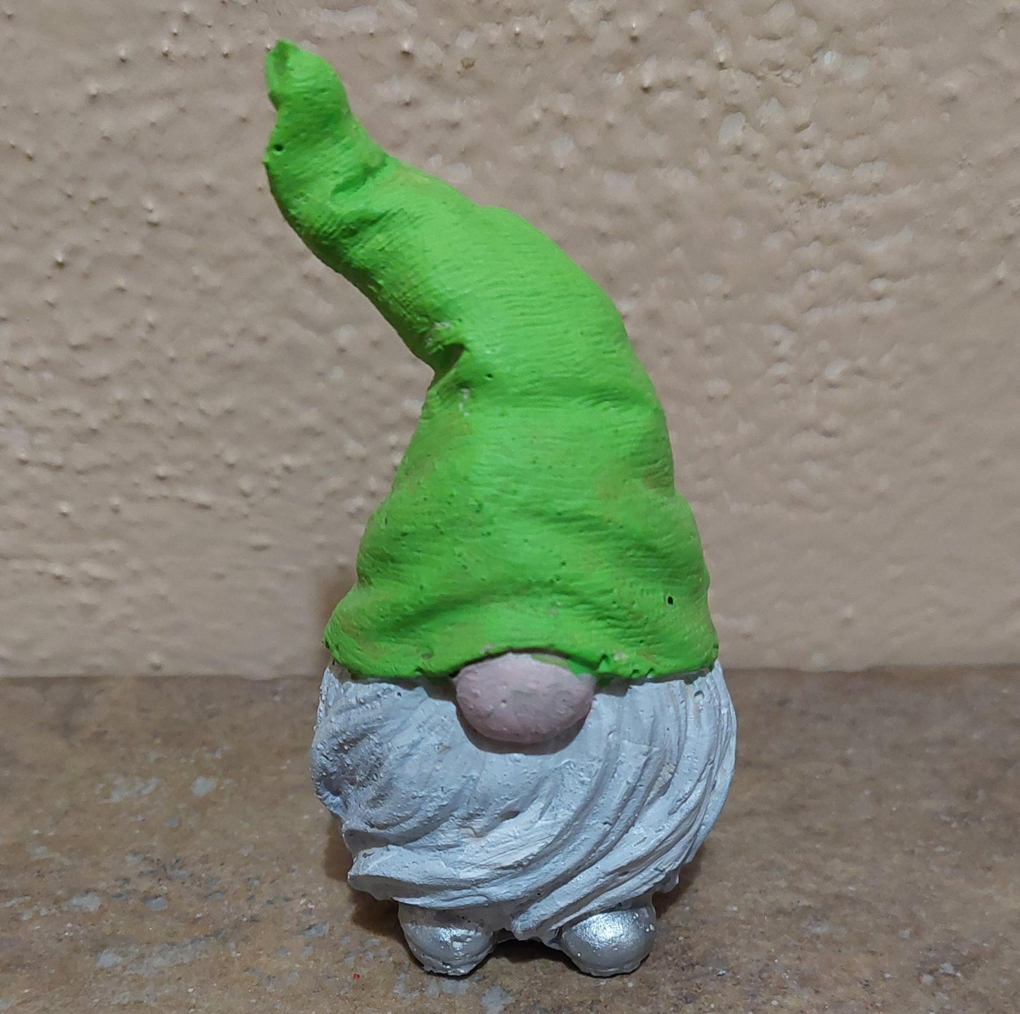 Miniature gnome with pointed hat and long beard: Holiday, home, office, or garden decor. Handmade cement statue.