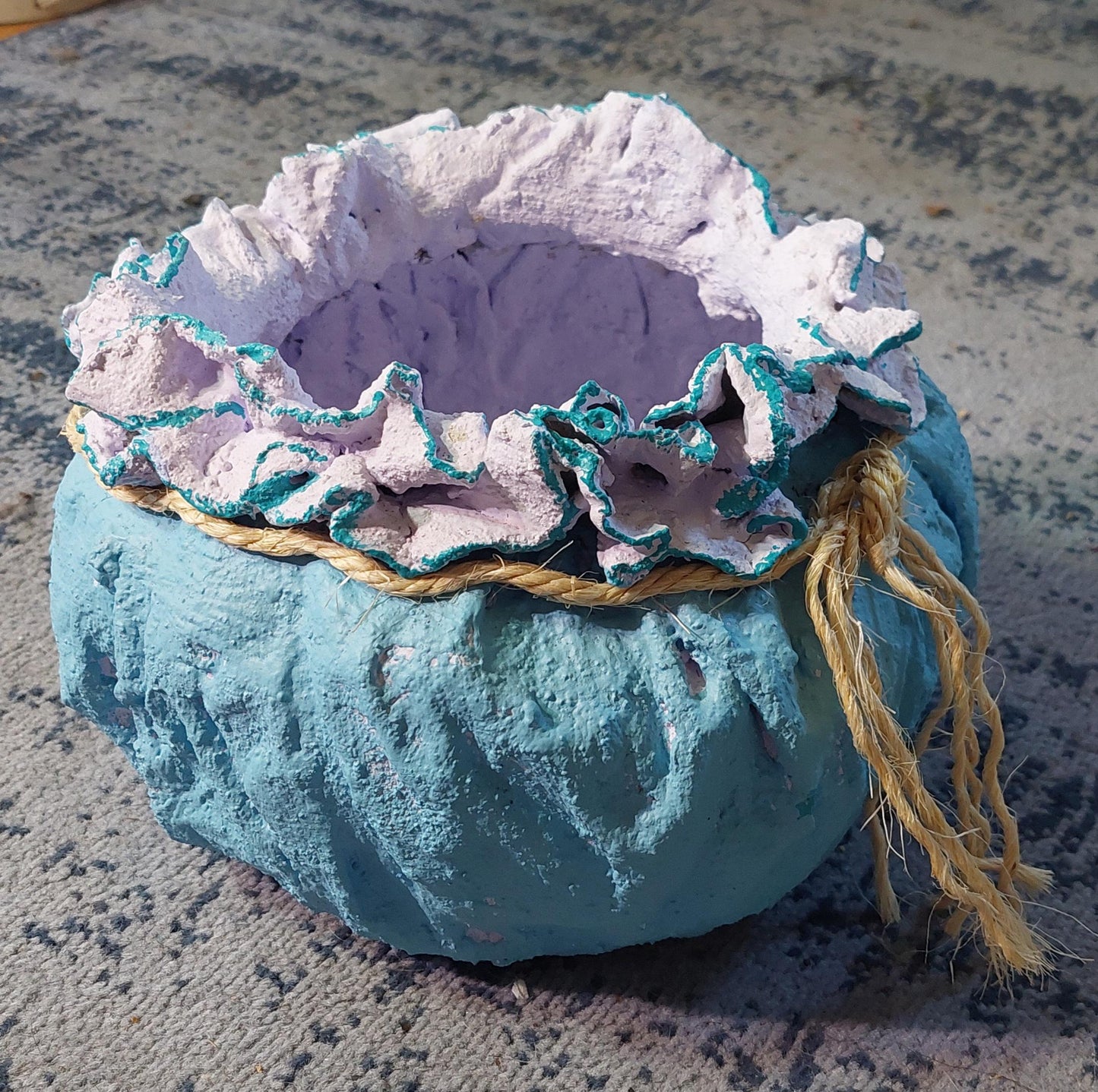 Handmade Large Cement Drip Pot Planter - Turquoise Purple Highlight Rustic Decor - Durable Unique Pot with Drainage Hole